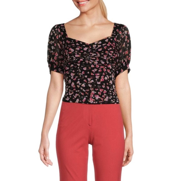 Karl Lagerfeld Smocked Crop Top Flower Print in Black Combo - Picture 6 of 13